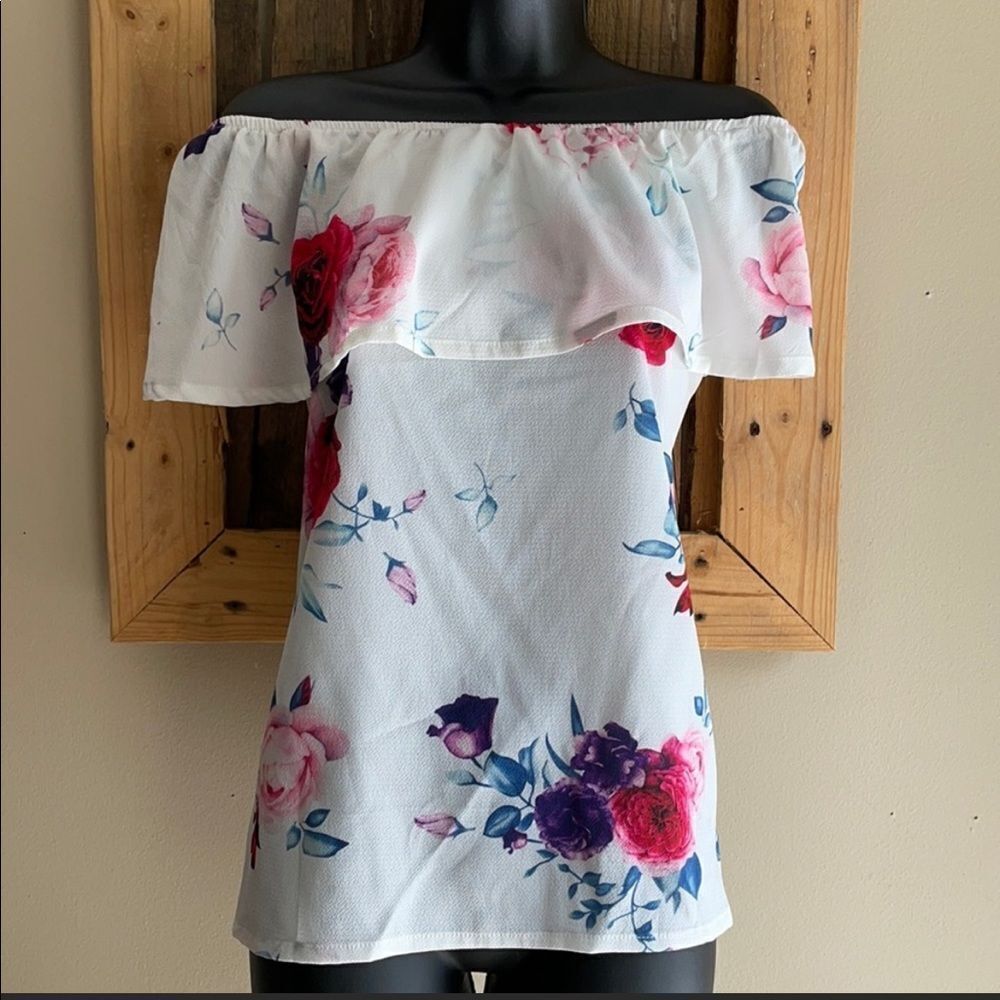 Yoins Floral Off The Shoulder Pink White Blue and Purple Floral Blouse Medium